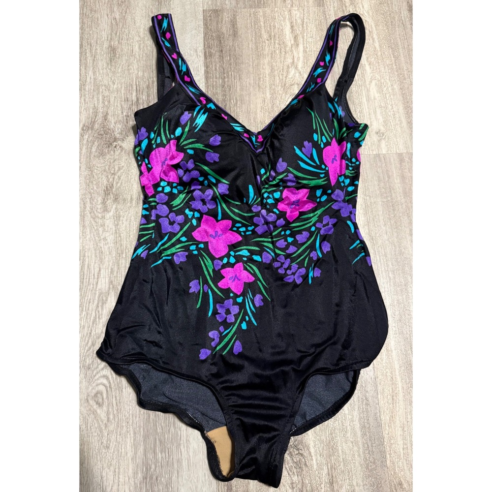 Vintage Maxine of Hollywood Floral One Piece Swimsuit Black Pink Blue Size 16